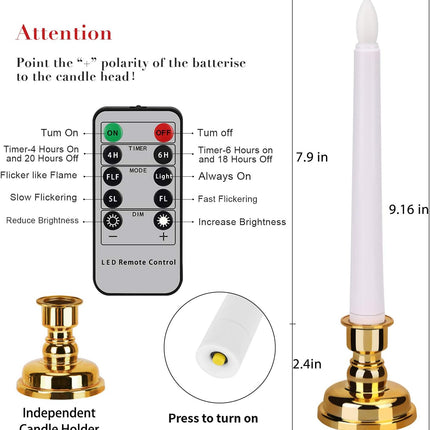 Flameless Window Candles with Gold Bases, Battery Operated Taper Candle with 4H/6H Daily Timer, Remote Window Candle with Unique Flame