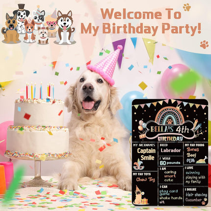 Dog Birthday Chalkboard Boho Themed Dog Birthday Photo Props Rainbow Pet Milestone Chalkboard Sign for Party Supplies Double Sided Reusable Erasable 14 X 10 Inch