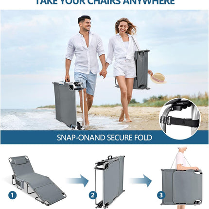 Tanning Chair with Face Hole, Adjustable Folding Chaise Lounge Chairs for outside with Detachable Pillow & Pocket，Portable Flat Beach Chairs for Sunbathing, Beach Lawns Camping (Deep Grey, Oversized)