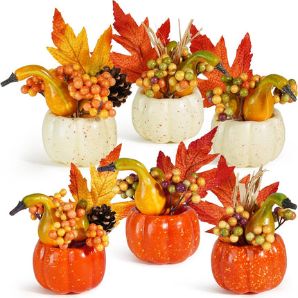 Set of 6 Artificial Pumpkins Decorations, Decorative Orange Pumpkin with Maple Berry Acorn Pine Cone Vegetables for Fall Thanksgiving Harvest Party Decoration