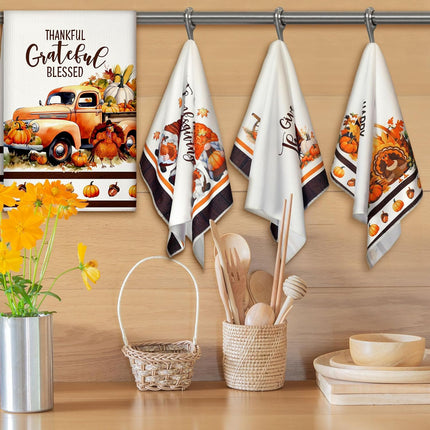 Set of 6 Fall Kitchen Towels Autumn Dish Towel Vintage Pumpkin Towel