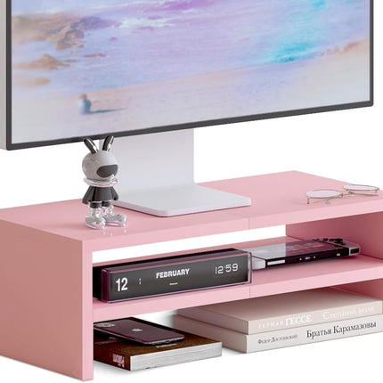 DS502P  20 Inch Pink Monitor Riser Stand - 2 Tiers, Wood Desktop Bookshelf