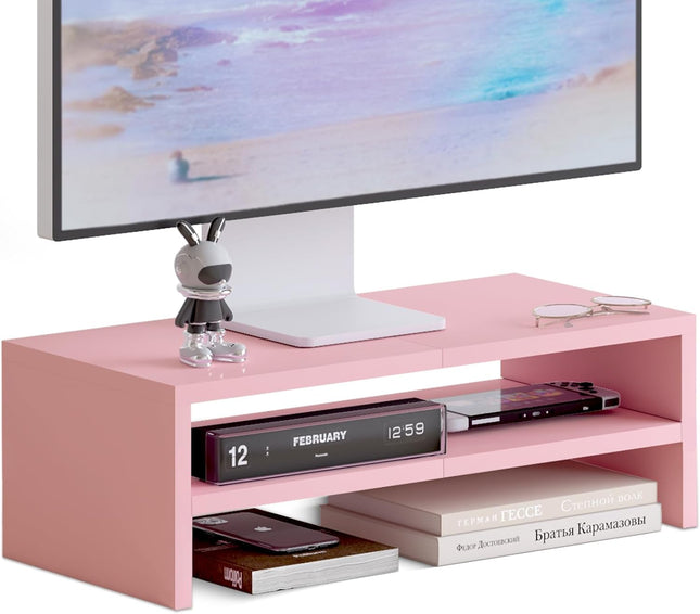 DS502P  20 Inch Pink Monitor Riser Stand - 2 Tiers, Wood Desktop Bookshelf
