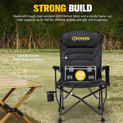 Folding Camping Chair, Oversized with Padded Cushion, Outdoor Chair with Cup Holder Storage Pockets, Adjustable High Backrest Supports 450 LBS for Beach, Fishing, Overland Trips