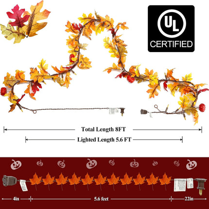 Fall Maple Leaf String Lights Plug in 120V UL Certified, Thanksgiving Decorations Fall Garland Lights String 8Ft with Traditional 35 Incandescent Bulbs for Halloween Garland Fall Decor for Outdoor