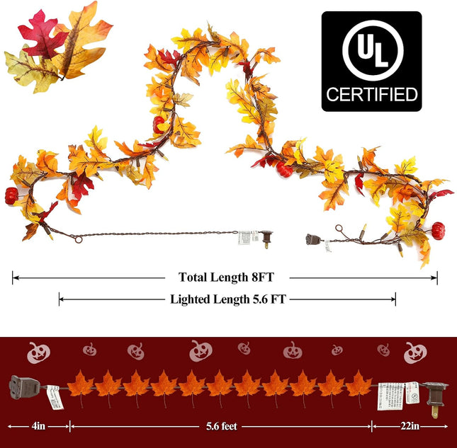 Fall Maple Leaf String Lights Plug in 120V UL Certified, Thanksgiving Decorations Fall Garland Lights String 8Ft with Traditional 35 Incandescent Bulbs for Halloween Garland Fall Decor for Outdoor