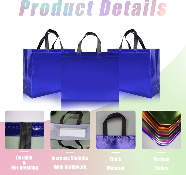 15 Pcs Glossy Blue Reusable Gift Bags with Handles, Party Gift Bags Bulk with Sturdy Bases, Ideal Goodie Bag for Birthday, Wedding, Christmas, Holiday-12.6 X 4.7 X 11 In