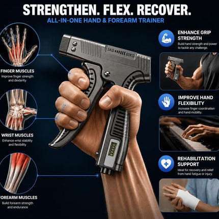 Grip Strength Trainer with Finger Exerciser, Digital Counter Adjustable Hand Grip Strengthener Trigger-Style Grip Strength Trainer, Index-Finger Squeeze Trainer for Strength Training, Recovery and Muscle Building