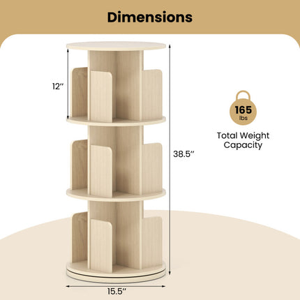 3-Tier Rotating Bookshelf with Dividers and Anti-Falling Baffles