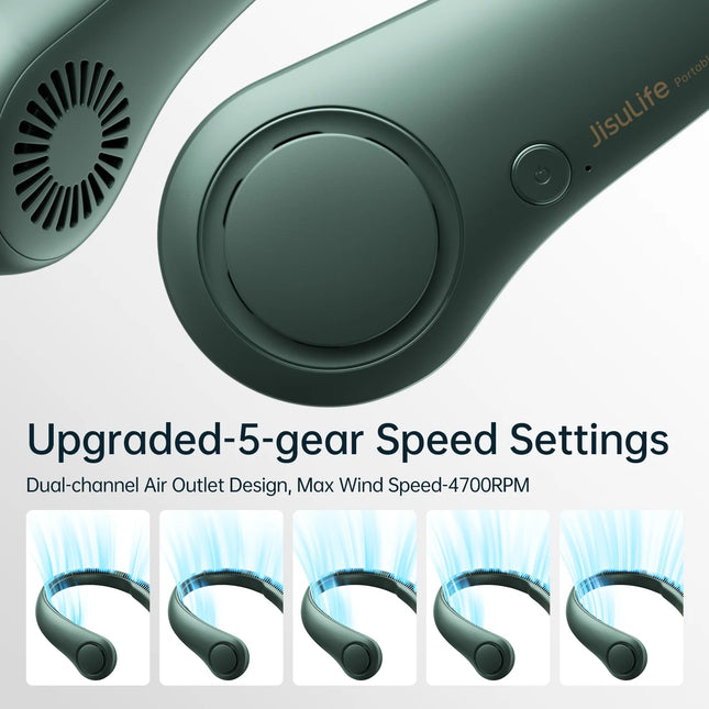 Portable Neck Fan, Rechargeable Wearable Fan, Bladeless Hands-Free Cooling, Quiet 25Db, 5 Speeds, 16H Battery Life, Essential for Indoor/Outdoor, Gift for Women, Men - Green