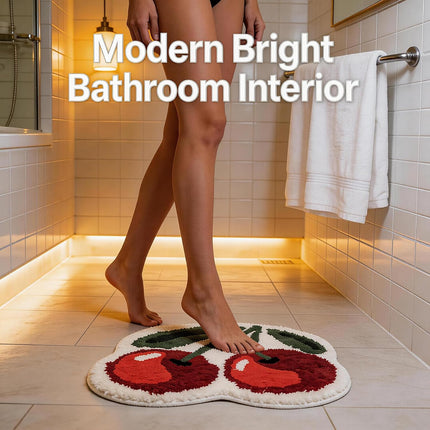 Cute Cherry Bath Mat, Non-Slip Absorbent Bath Mat Rug, Funny Cherry Bathroom Decor, Soft Flocked Bathroom Mat with Rubber Backing, 50X60Cm