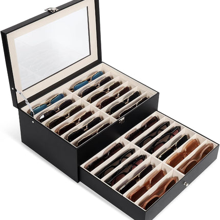 Sunglasses Storage Organizer Case with 24 Adjustable Slots, 2 Layer Multi Eyeglass Glasses Display Box with Lid Women