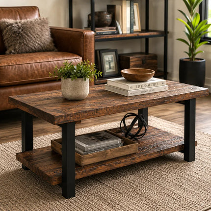 Rundell Pomona Rustic Industrial Modern Vintage Metal and Solid Wood Coffee Table with Storage, Easy Assembly, Small Rectangle Coffee Table, 42 in X 24 in X 18 In