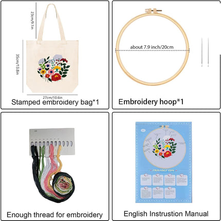 Embroidery Canvas Bag Kits for Adults Beginner Stamped Flowers Pattern DIY Cross Stitch Printed Flower Stitching Sewing Kit