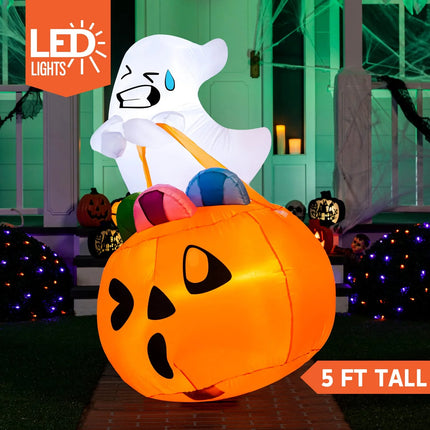 5Ft Halloween Inflatables Light up Cute Ghost,Blow up Ghost Lift Pumpkin Candy Bag with Build-In Leds for Yard Decorations