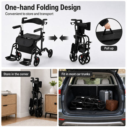 2-In-1 Folding Rollator Walker with Adjustable Handles and Reversible Backrest