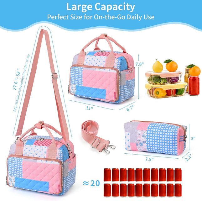 Quilted Lunch Bag Set and Floral Quilted Tote Bag(Pinkpatch)