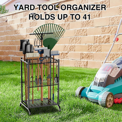 Garden Tool Organizer with Storage Hooks, Yard Tool Tower Rack for Garage Organization and Storage, up to 35 Long-Handled Tools, Metal Tool Holder with 6 Hooks, Black