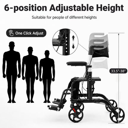 2-In-1 Folding Rollator Walker with Adjustable Handles and Reversible Backrest