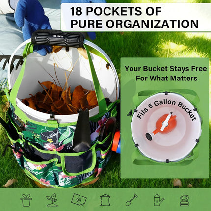 Bucket Tool Organizer 5 Gallon 18-Pocket Gardening Tool Bag with Hangable Handle | Garden Caddy & Bucket Accessory, Green