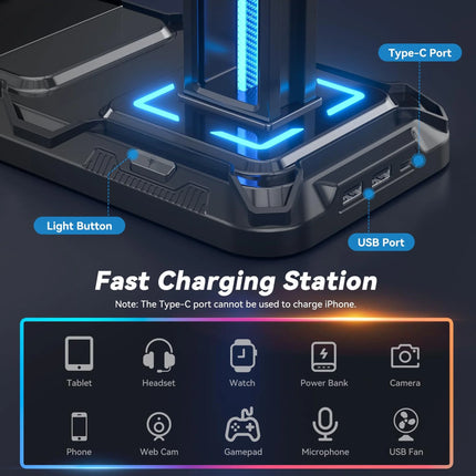 Charging Station, Headphone Stand RGB, Controller Holder with USB A&C PC Gaming Accessories Storage
