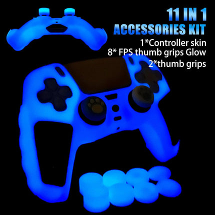 Glow in the Dark PS5 Controller Skin,Blue anti Slip Soft Thicked Studded Silicone Cover Skins Compatible with PS5 Controller,Include 8 PCS Blue Thumb Grips Glow and 2 Cat Paw Grips Accessories.