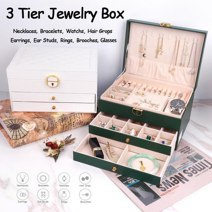 Jewelry Organizer Box PU Leather Double-Layer Pull-Out Drawer & Multiple Compartments - Premium Jewelry Storage for Necklaces, Rings, Bracelets - Nice Christmas Gift for Women, Men