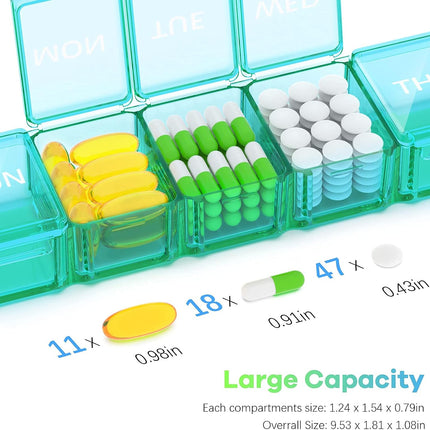 Extra Large Pill Organizer 2 Pack, XL Pill Box 7 Day, Weekly Pill Case with Large Capacity, Jumbo Organizer, BPA Free (Blue+Green)