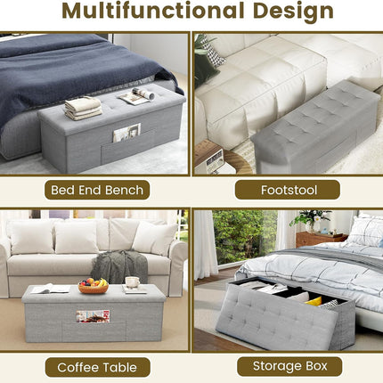 Storage Ottoman Bench, 43" L Folding Foot Rest Storage Chest with Side Pocket, Divider, Padded Seat Shoe Bench for Living Room Bedroom Hallway Entryway End of Bed (Light Gray)
