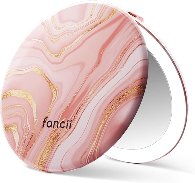 Taylor LED Lighted Travel Makeup Mirror, Rechargeable, 10X /1X Magnifying, Tru-Glow Lighting System, XL Large 5” Wide | Compact Mirror for Purses (Marble Rose)