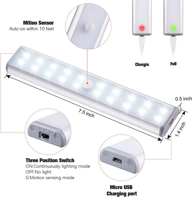 Motion Sensor Cabinet Lights,Usb Rechargeable 20 LED Portable Cordless Closet Lighting,Wireless under Counter Light Bar, Magnetic Removable Stick-On Anywhere for Wardrobe/Cupboard/Stairs (2 Pack)
