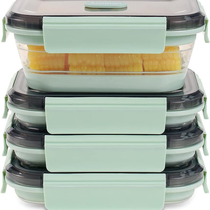 Collapsible Food Storage Containers with Lid & Air Vent, Clear Stacking Silicone Collapsible Food Container Set, Microwave Freezer Dishwasher Safe Space-Saver, Set of 4, Mint Green
