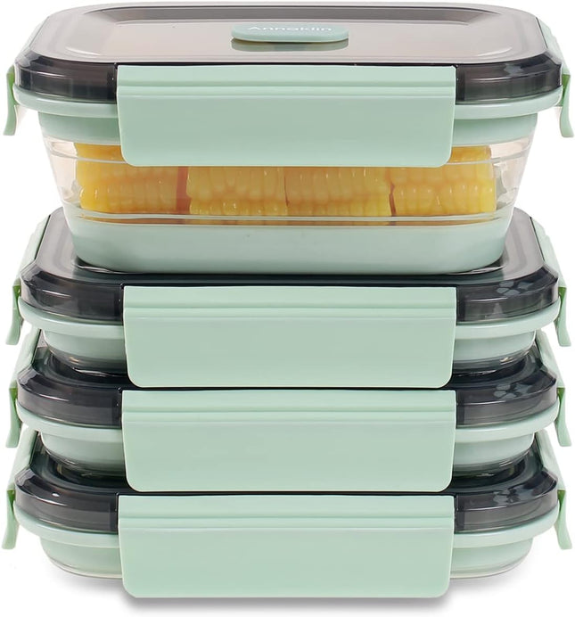 Collapsible Food Storage Containers with Lid & Air Vent, Clear Stacking Silicone Collapsible Food Container Set, Microwave Freezer Dishwasher Safe Space-Saver, Set of 4, Mint Green