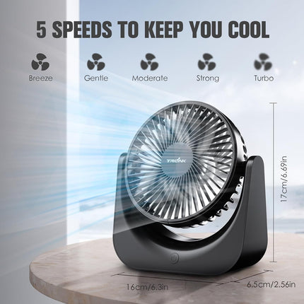 Small USB Desk Fan – 5-Speed Mini Table Fan with Adjustable Tilt, Ultra Quiet, USB Powered, Portable Cooling Fan for Home, Desktop, Bedroom, Bed, Office, Travel, and Camping (Black)
