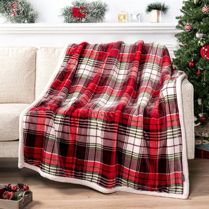 Red Green Christmas Plaid Sherpa Throw Blanket, Holiday Fleece Blanket 50" X 60", Soft Flannel Plush Throw for Couch, Sofa & Bed, Festive Winter Home Decor, Cozy