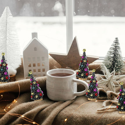6 Pcs Artificial Mini Christmas Trees 4.3 Inch Frosted Green Bottle Brush Trees with Wood Bases Sisal Trees with White Snow and Ornaments for Winter Christmas Holiday Dollhouse Miniature Décor