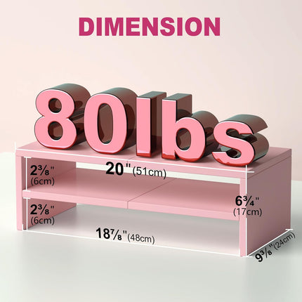 DS502P  20 Inch Pink Monitor Riser Stand - 2 Tiers, Wood Desktop Bookshelf