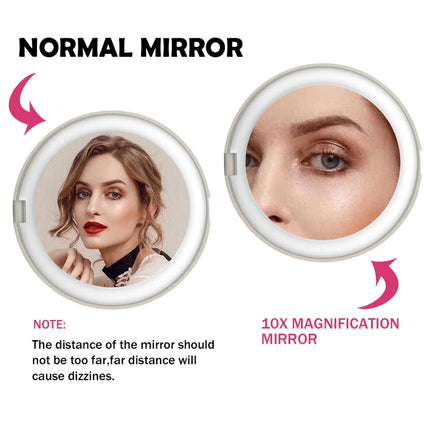 LED Lighted Travel Makeup Mirror, 1X/10X Magnification Compact Mirror, Portable for Handbag, Purse, Pocket, 3.5 Inch Illuminated Folding Mirror, Handheld 2-Sided Mirror, Round, White