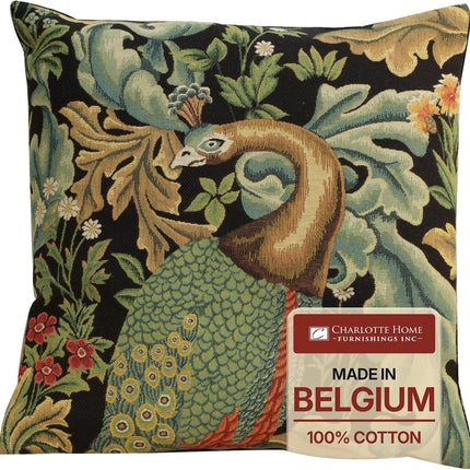 William Morris Black Peacock Woven Tapestry Throw Pillow Cover 18 X 18 In