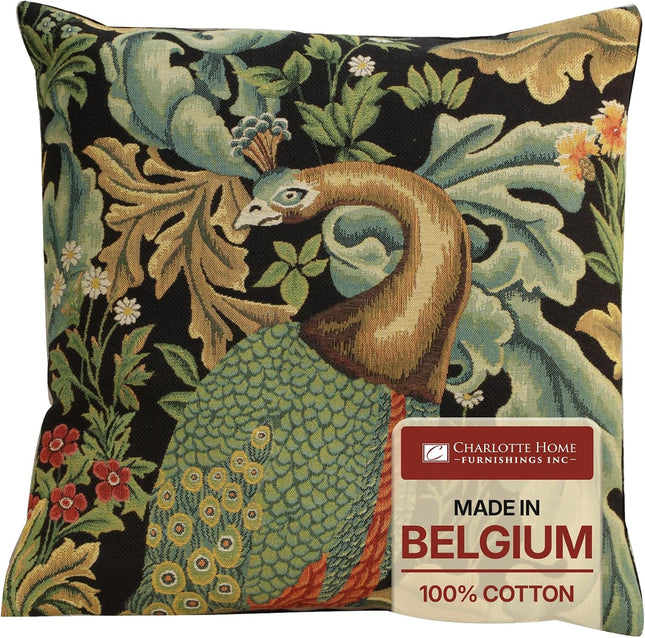 William Morris Black Peacock Woven Tapestry Throw Pillow Cover 18 X 18 In