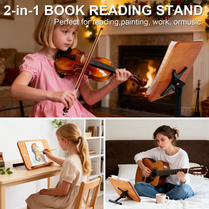 2 in 1 Dual-Use Music Stand & Desktop Book Stand, Adjustable Height 16.5"-51", 100% Solid Wood Laptop Floor Stand Book Holder with Elastic Page Clips for Cookbooks (Brown)