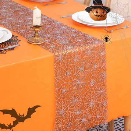 Halloween Table Runner, Silver Spider Web Metallic Sequin Glitter Sheer Runners Roll 120", Black Table Decorations for Halloween, Wedding, Birthday, Themed Party, Christmas
