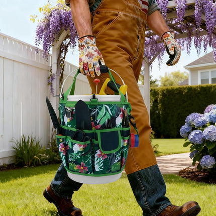 Bucket Tool Organizer 5 Gallon 18-Pocket Gardening Tool Bag with Hangable Handle | Garden Caddy & Bucket Accessory, Green