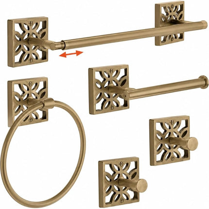5-Piece Bathroom Hardware Set – Antique Gold (Muted Finish – Not Shiny), Wall Mounted Towel Bar, Towel Ring, Toilet Paper Holder & Robe Hooks, Bathroom Accessories Set Complete