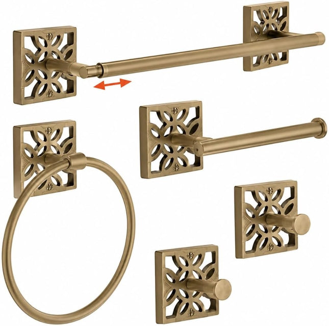 5-Piece Bathroom Hardware Set – Antique Gold (Muted Finish – Not Shiny), Wall Mounted Towel Bar, Towel Ring, Toilet Paper Holder & Robe Hooks, Bathroom Accessories Set Complete