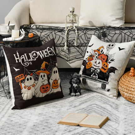 Halloween Ghost Boo Y'All Car Pumpkin Throw Pillow Covers, 18 X 18 Inch Let'S Get Spooky Cushion Case Decoration for Sofa Couch Set of 4