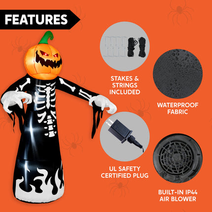 9 Ft Halloween Inflatables Pumpkin Skeleton Decorations with Built-In LED Lights,Large Blow up Decoration for Yard Lawn Garden Indoor Outdoor, Pumpkin Skeleton Inflatable Decoration