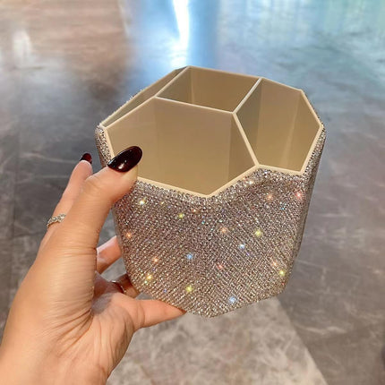 Bling Design Makeup Brush Holder Organizer,360° Rotating Glitter Rhinestones Cosmetics Storage with 5 Slot Large Capacity Makeup Brushes Cup Pen Holder for Vanity,Bathroom Countertops