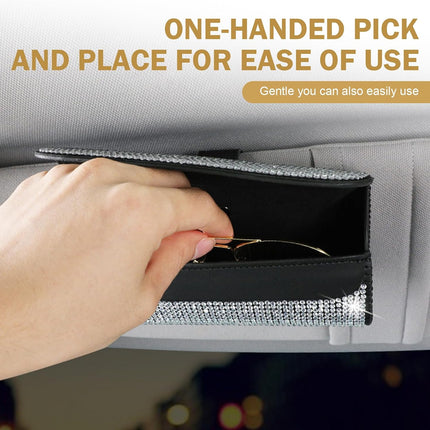 Bling Sunglasses Holder for Car Sun Visor, Rhinestone Auto Eyeglasses Mount Clip Organizer, Leather Sunvisor Sunglasses Storage Case, Universal Glasses Holder Clips for SUV, Sedan, Van (White)