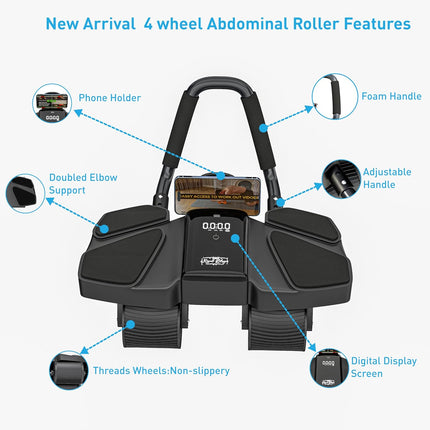 Ab Roller Home Gym Equipment – 4 Wheels Ab Wheel Muscle Roller with Automatic Rebound, Yoga Stretching Strap, 3 Resistance Bands – Comfortable Elbow Support with Non-Slip Handles – Built-In Workout Tracker